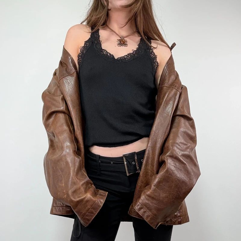 Brown Oversized Leather Bomber Jacket