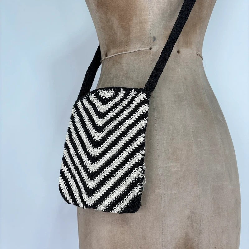 Crochet chevron black and white mini pouch bag