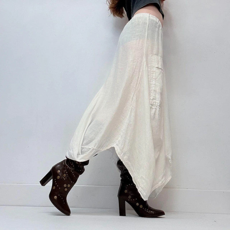 white linen draped puff maxi skirt