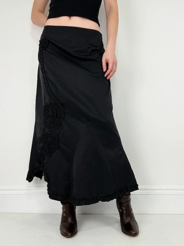 asymmetric black pleated gathered ribbon maxi skirt
