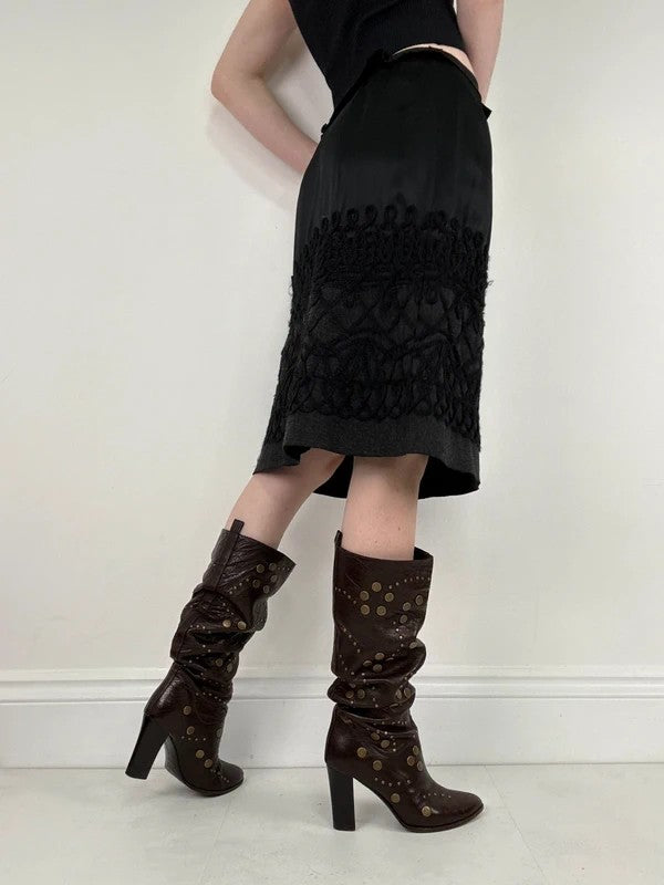 black silk embroidered napoleonic wool midi skirt