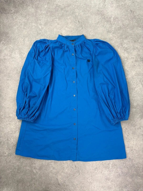 Blue cotton button puff midi shirt dress