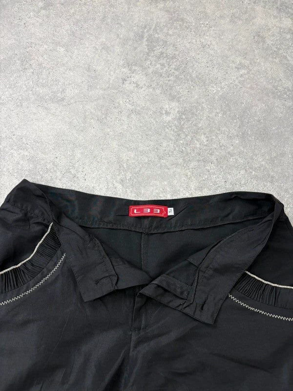 black capri pants pleated ruffle hem trousers