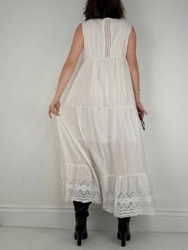 white cotton lace pleated tiered maxi dress