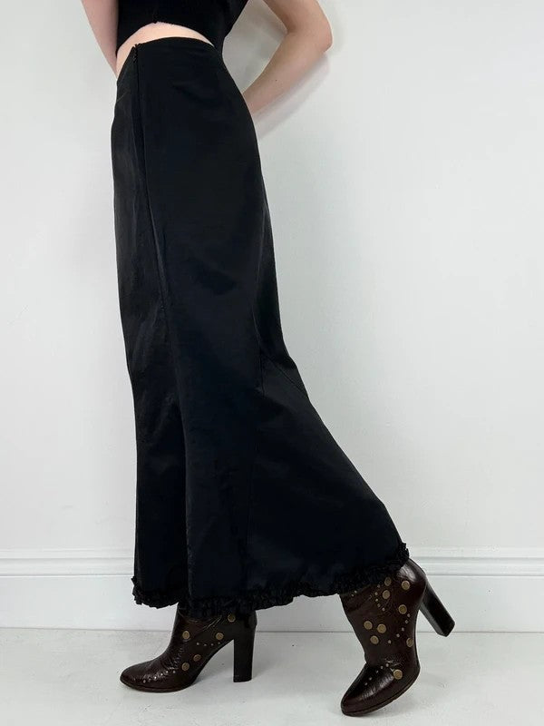 asymmetric black pleated gathered ribbon maxi skirt