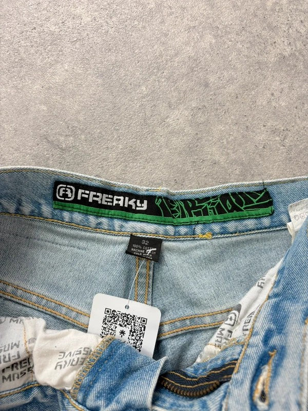 oversized wide leg denim jorts with graphic print