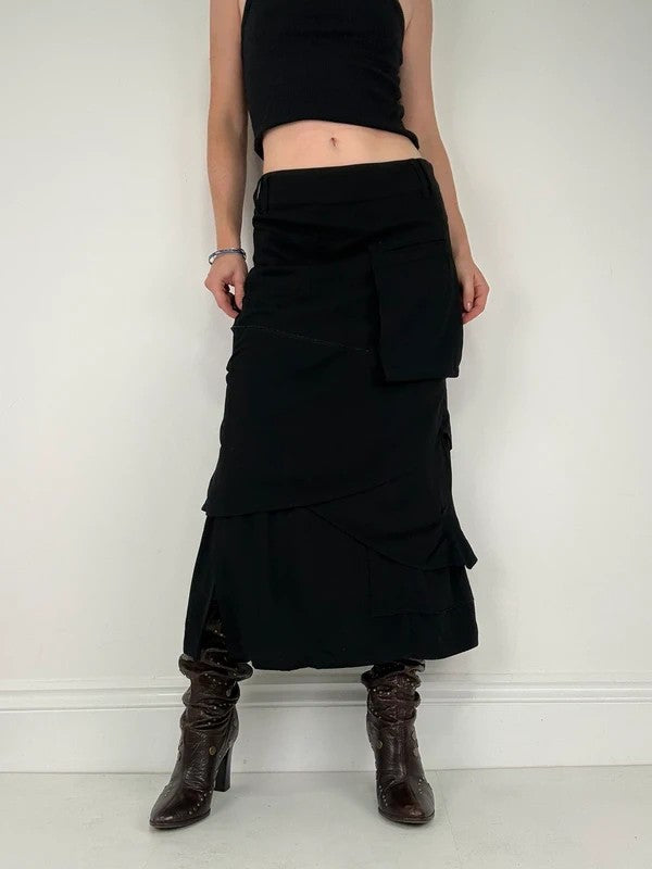 Black layered french flared asymmetric maxi skirt