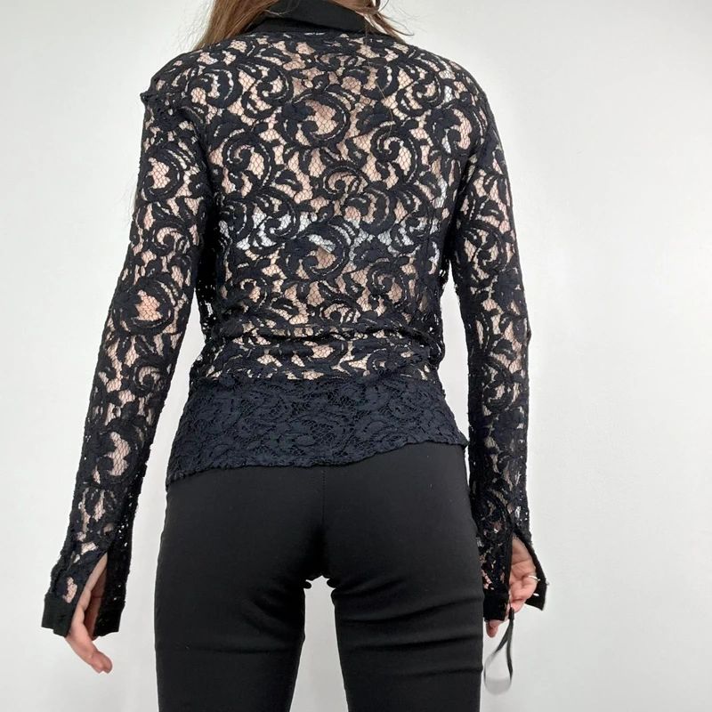 sheer navy lace fitted shirt