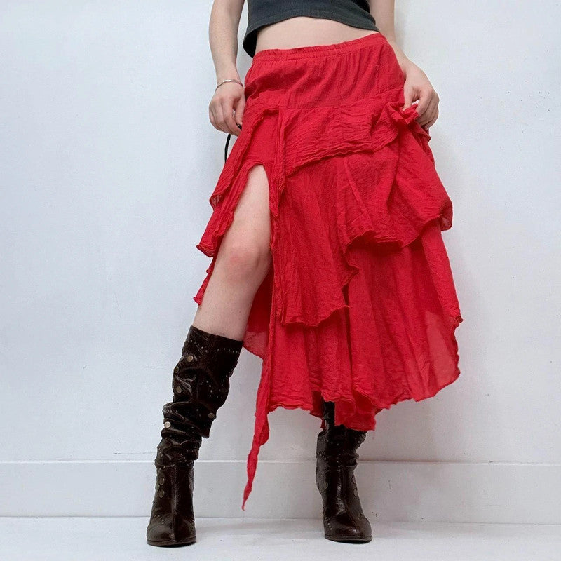 red asymmetric layered maxi skirt