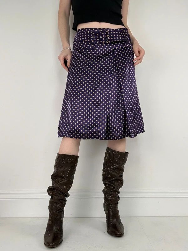 pleated silk polkadot flared midi skirt