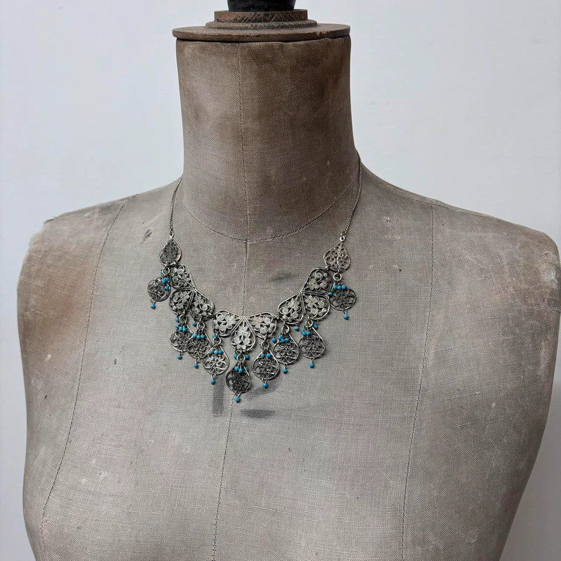 silver boho wire flower necklace