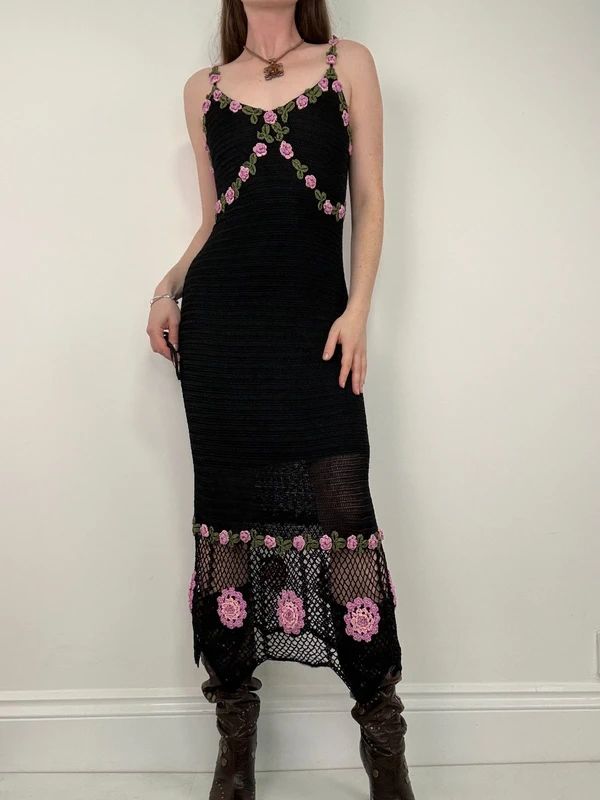 rene derhy crochet floral black summer maxi dress