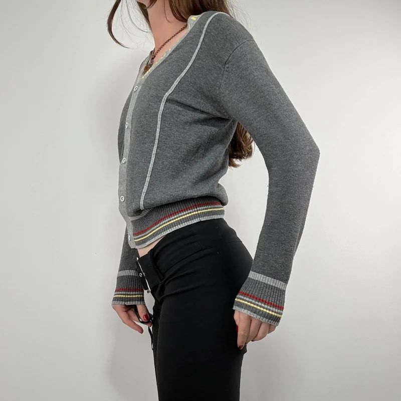 grey cropped knit pinstripe cardigan