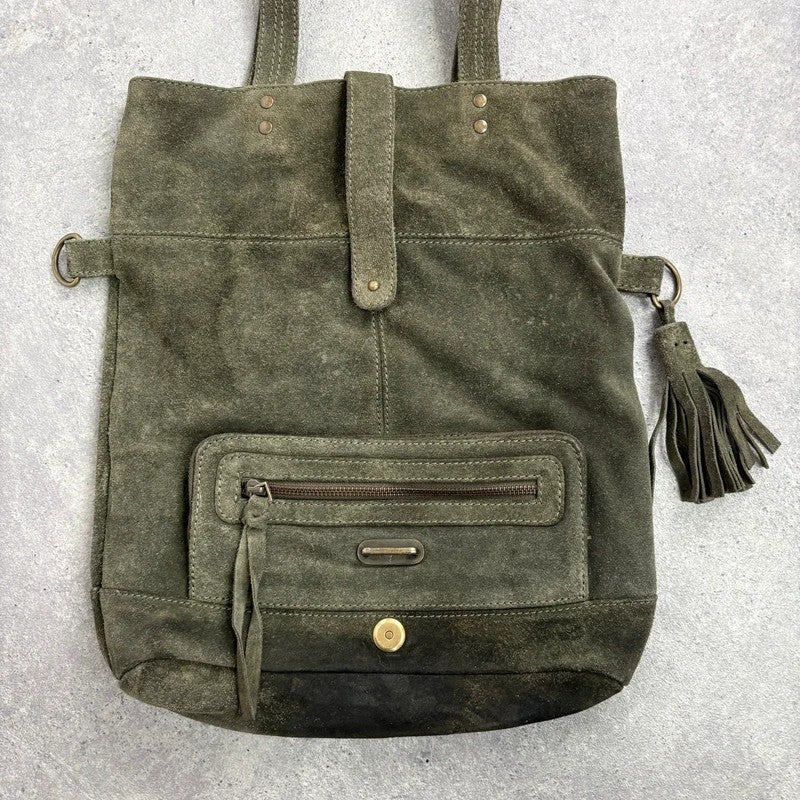 Khaki green suede leather tassel tote bag
