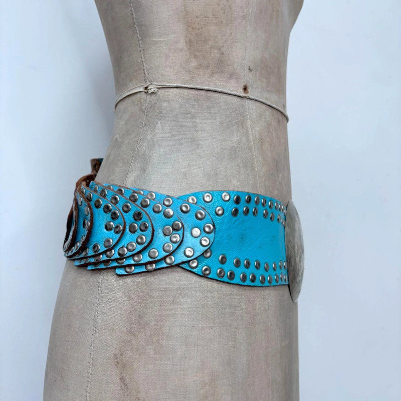 blue western leather studded metal belt