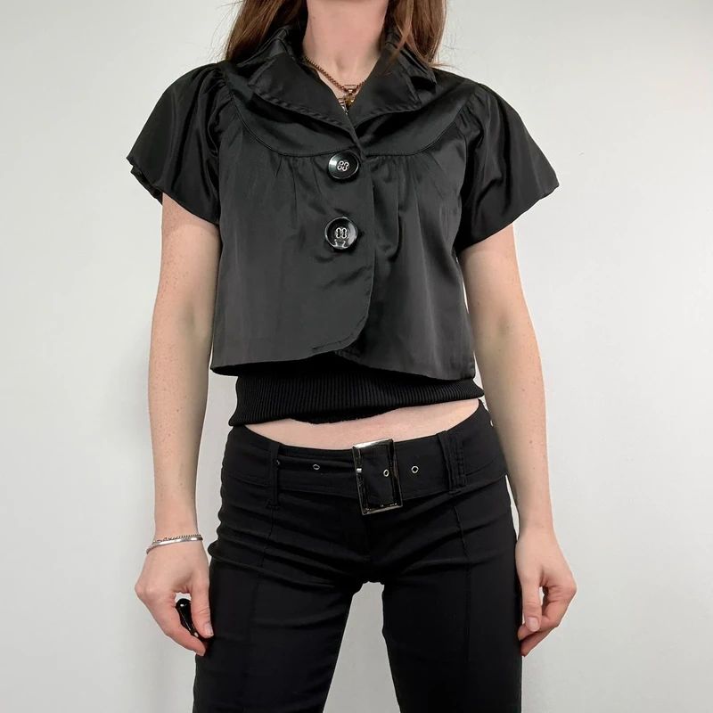 black satin cropped capped sleeve mini jacket
