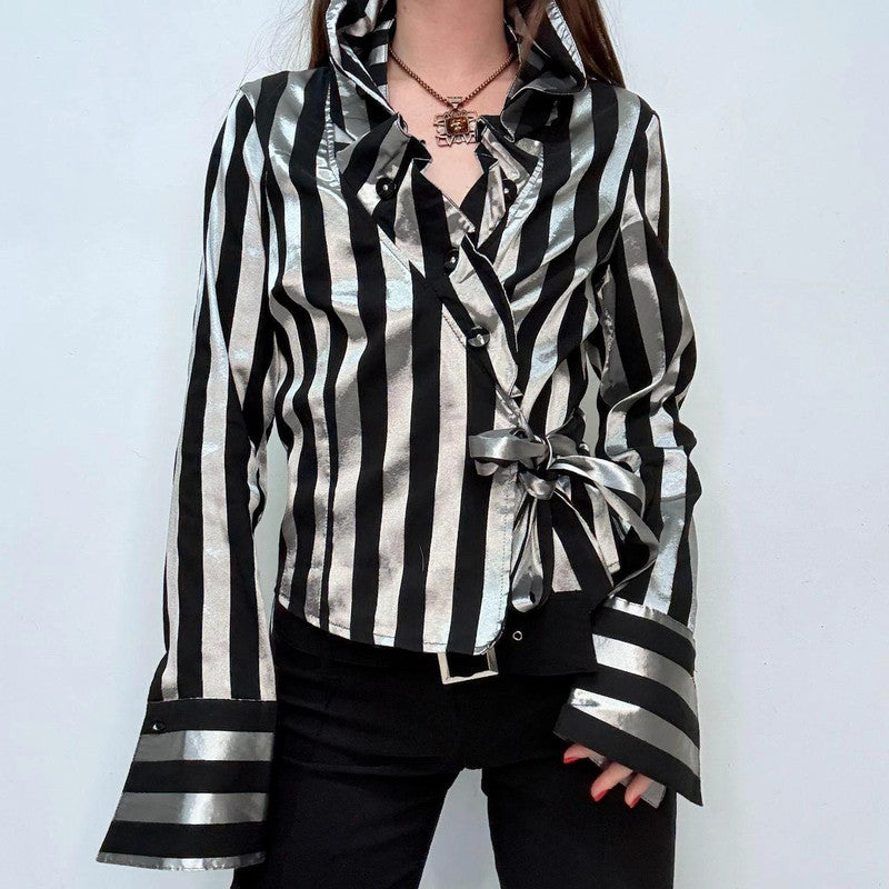 asymmetric striped ruffle shirt