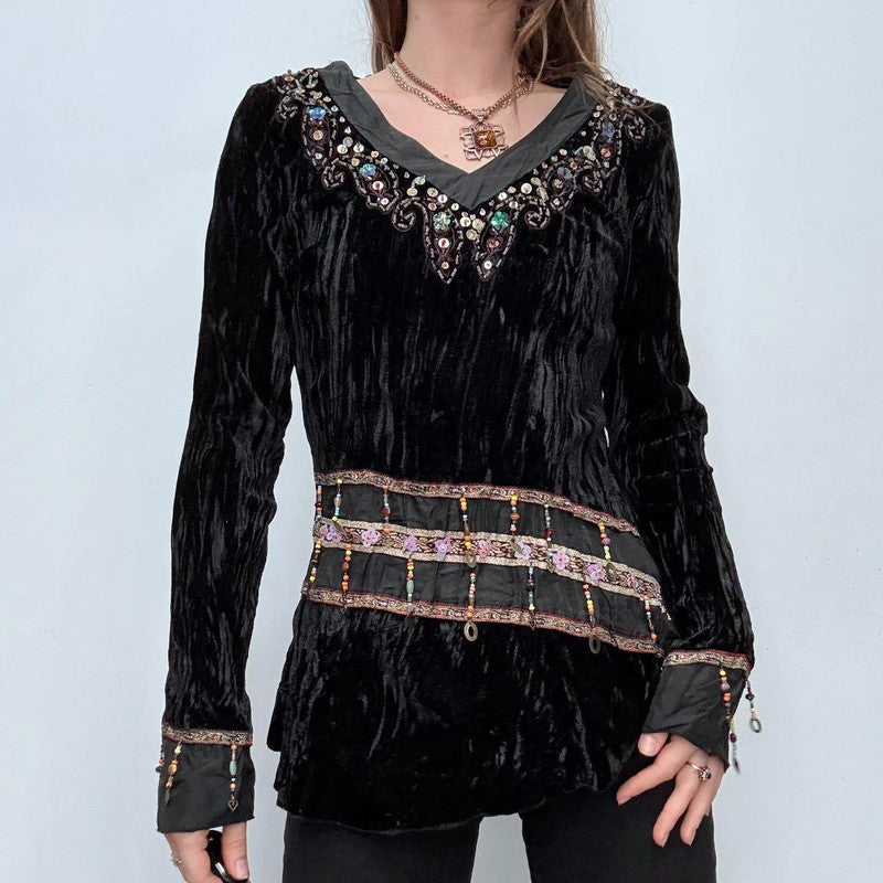 black crinkle velvet boho flare top