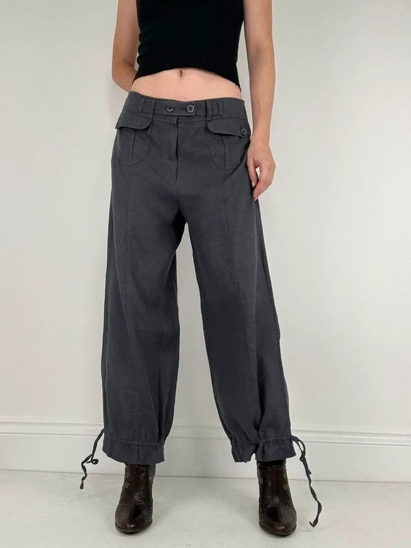 Navy linen puff leg drawstring bloomer trousers