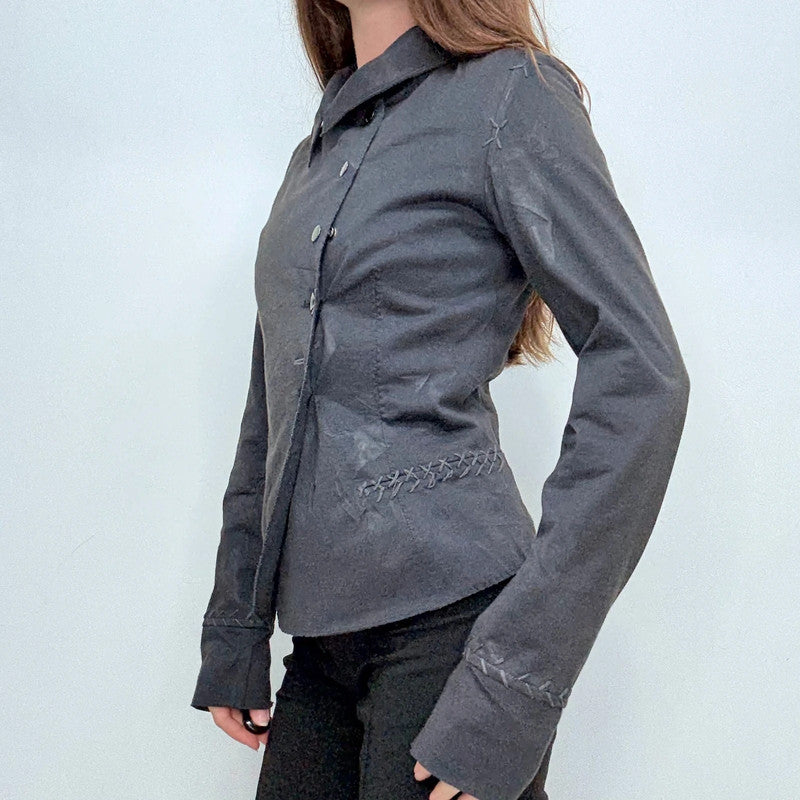 black distressed asymmetric military button jacket
