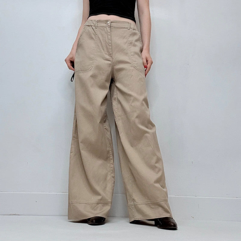 tan khaki wide leg flared trousers