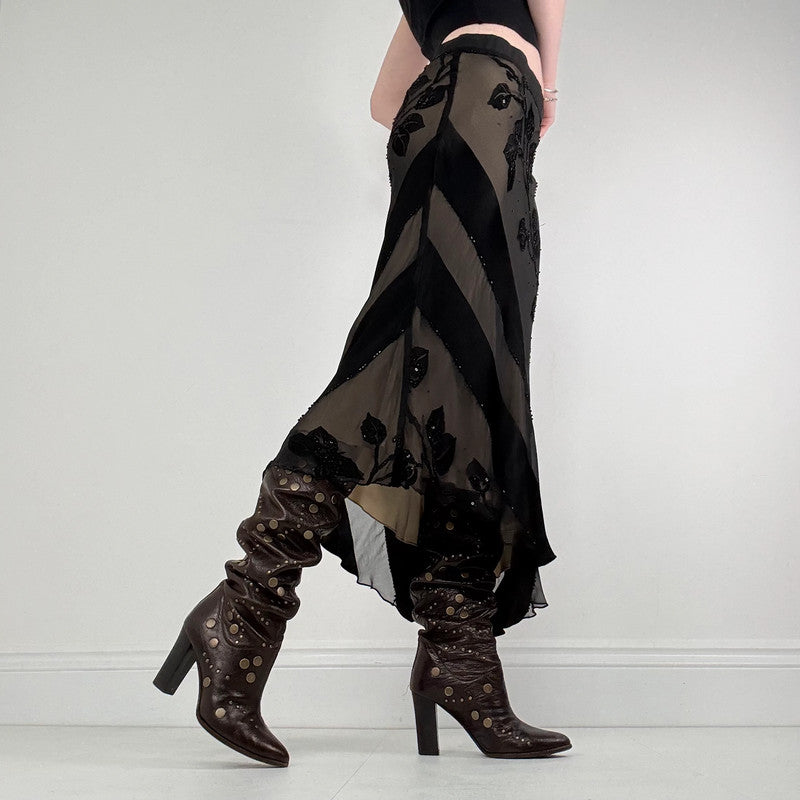 black silk floral flutter skirt