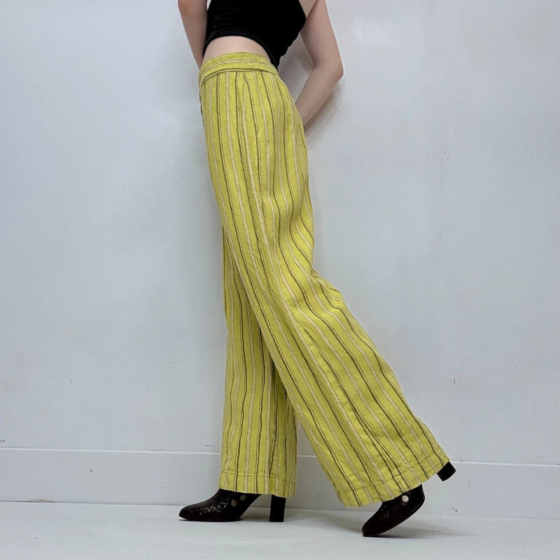 lime green pinstripe linen trousers