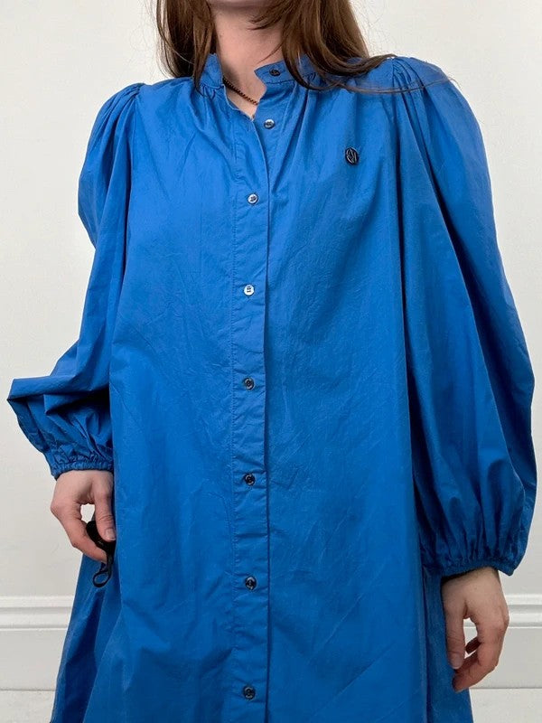 Blue cotton button puff midi shirt dress