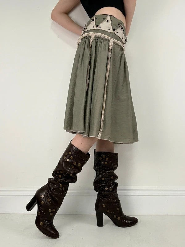 khaki pleated drop waist midi skirt