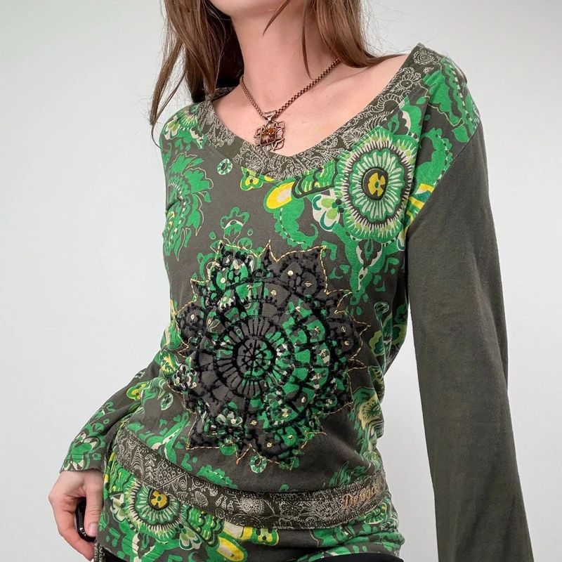 Khaki Paisley Boho Long Sleeve T-Shirt
