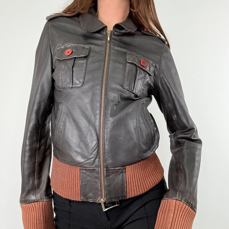 brown leather cinched ribbed waistband jacket