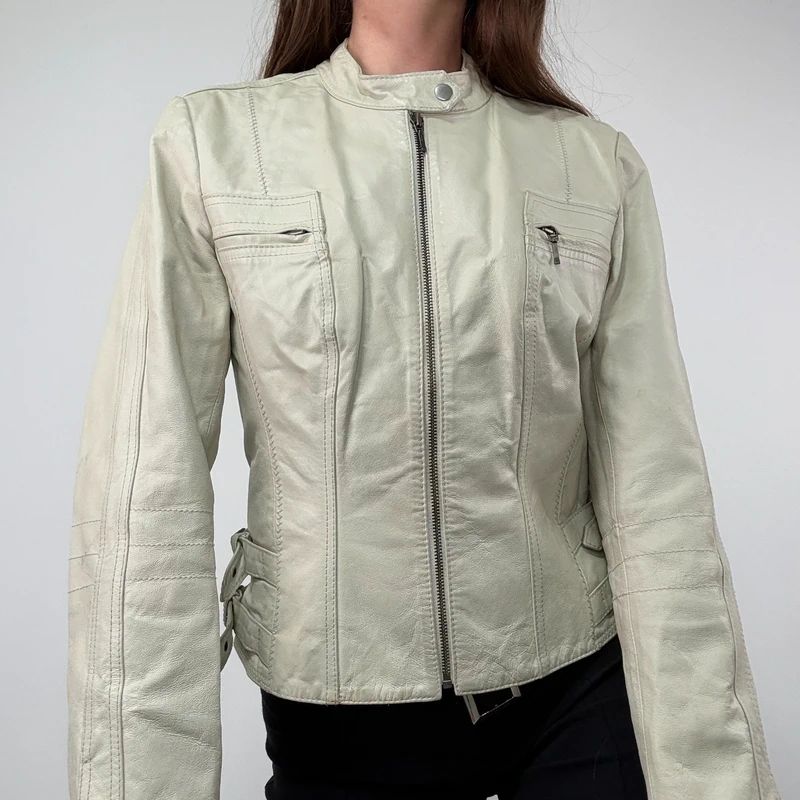 Cream Cropped Leather Biker Jacket