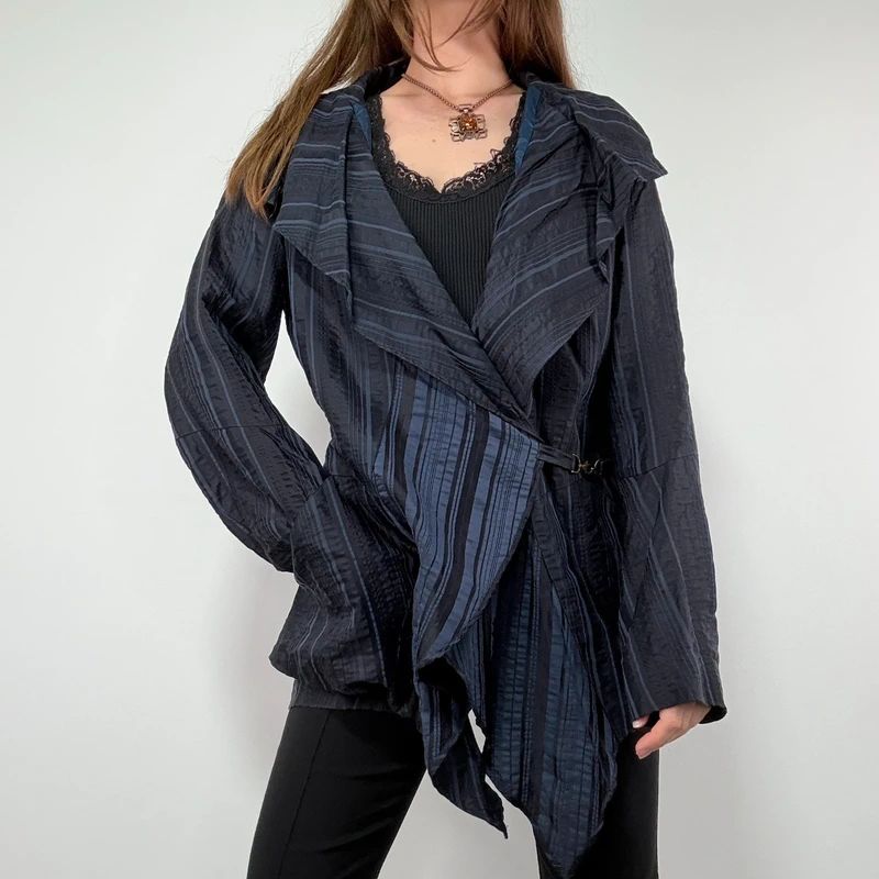 Navy Pinstripe Asymmetric Ruffle Jacket