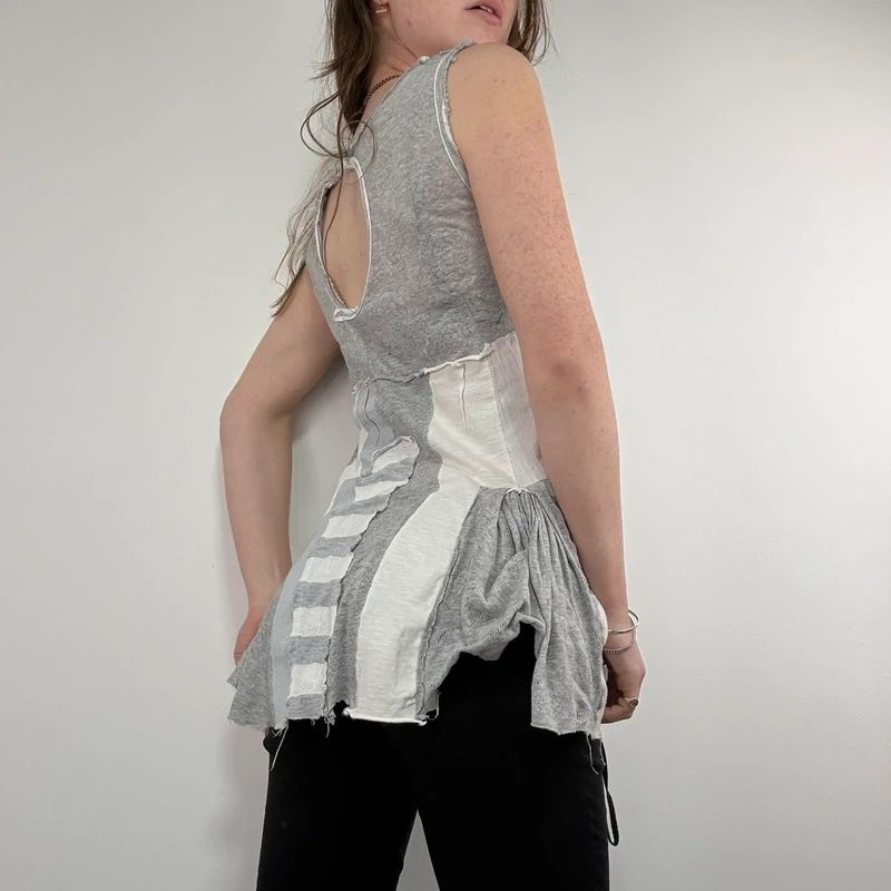 grey striped patchwork asymmetric vest