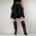 distressed black linen asymmetric flared midi skirt