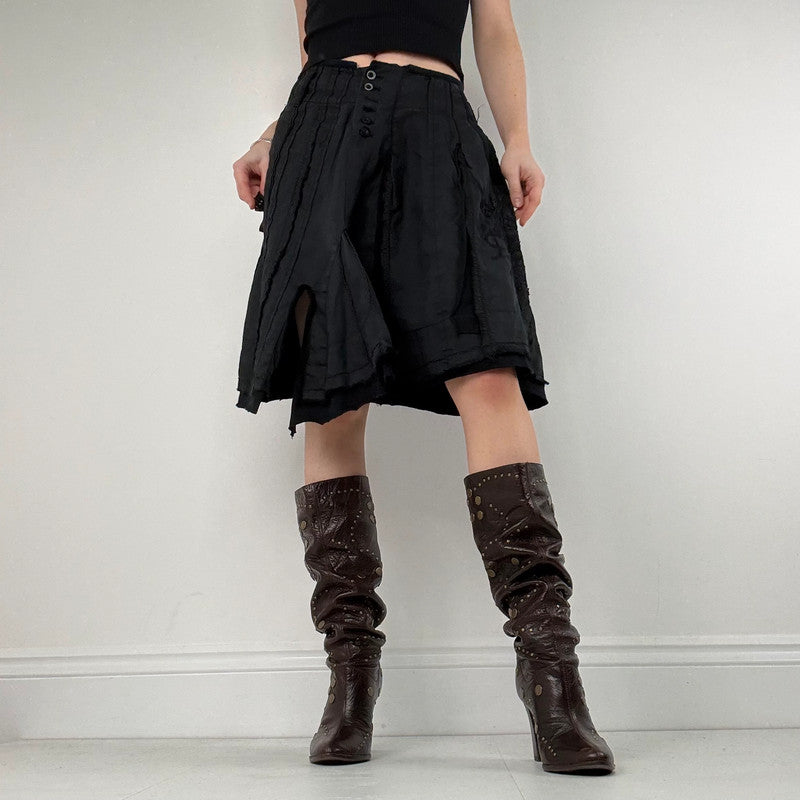 distressed black linen asymmetric flared midi skirt