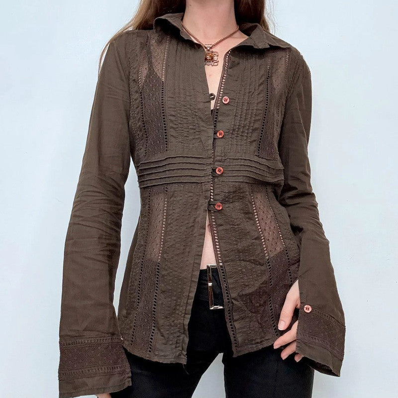 brown lace flared sheer shirt