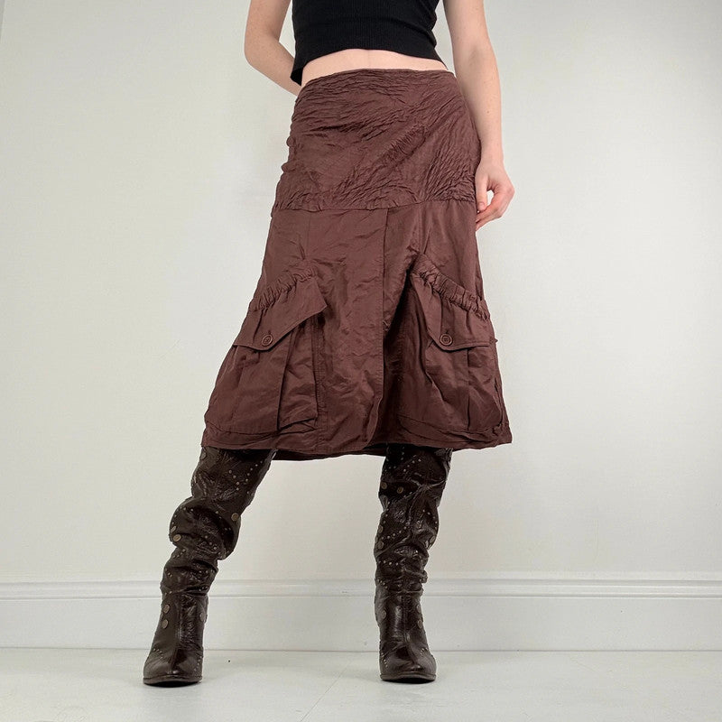 brown crinkle pleated puff skirt