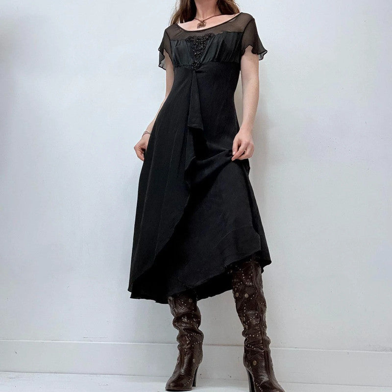black flutter draped midi silk dress