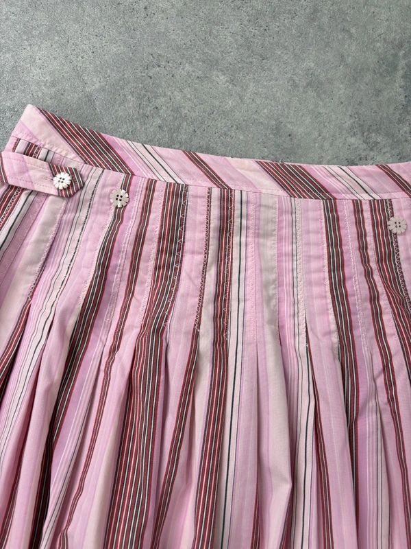 pink cotton pleated pinstripe flared midi skirt