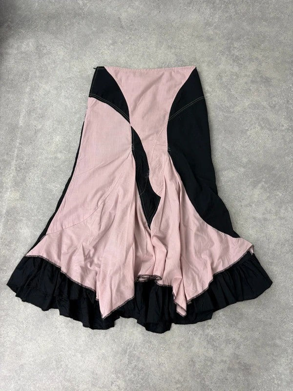 pink and navy gathered asymmetric flared maxi skirt