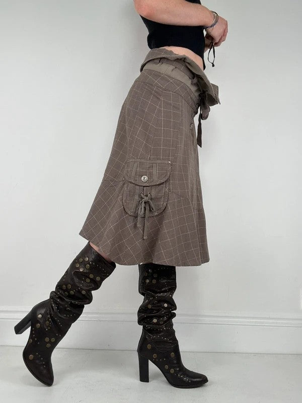 brown tartan low rise flared midi skirt