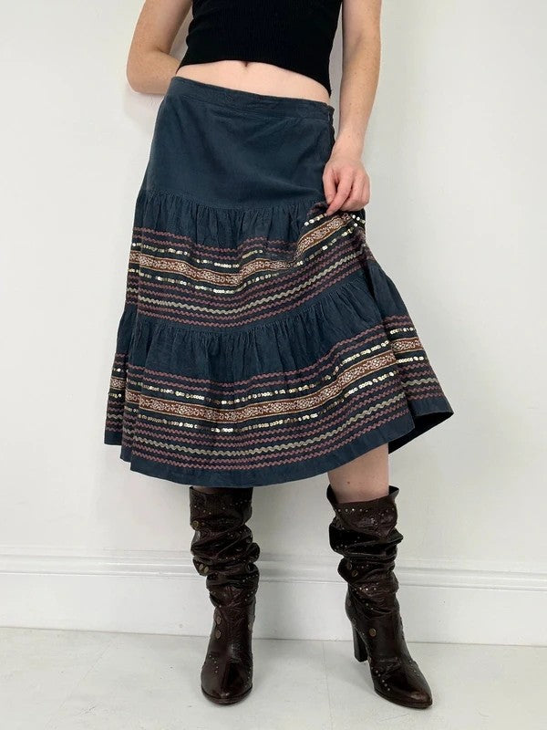 boho cord flared embroidered tiered sequin midi skirt