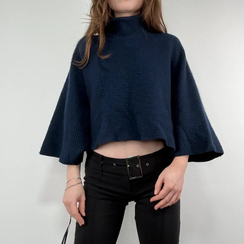 blue wool ribbed cape batwing jumper
