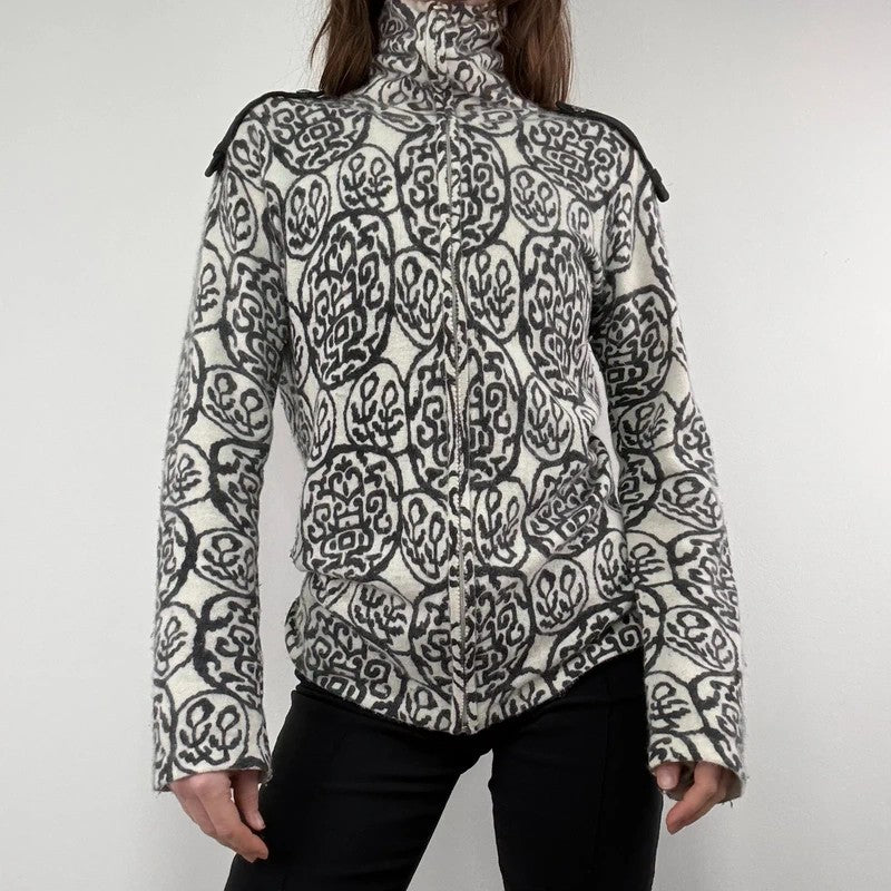 black and white slouchy patterned knit jumper, angora zip through funnel neck