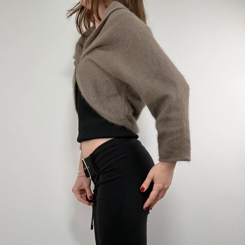brown angora knit cropped slouchy cardigan