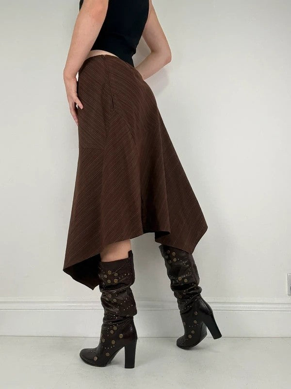 Pinstripe brown asymmetric draped midi skirt