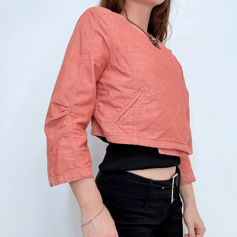 red linen cropped asymmetric jacket