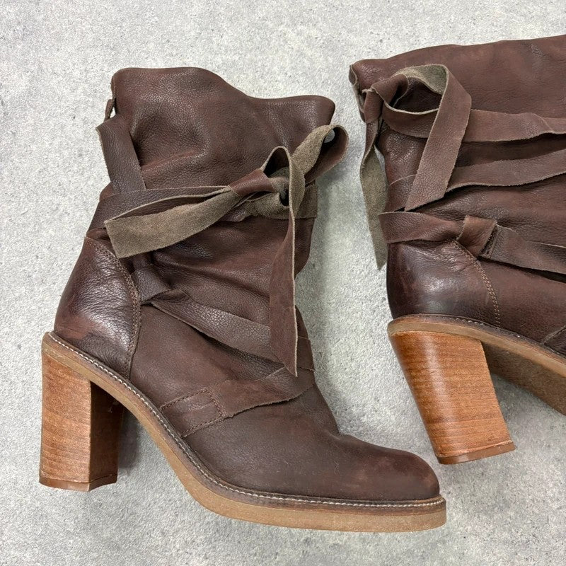 Chunky brown leather wrap around boots