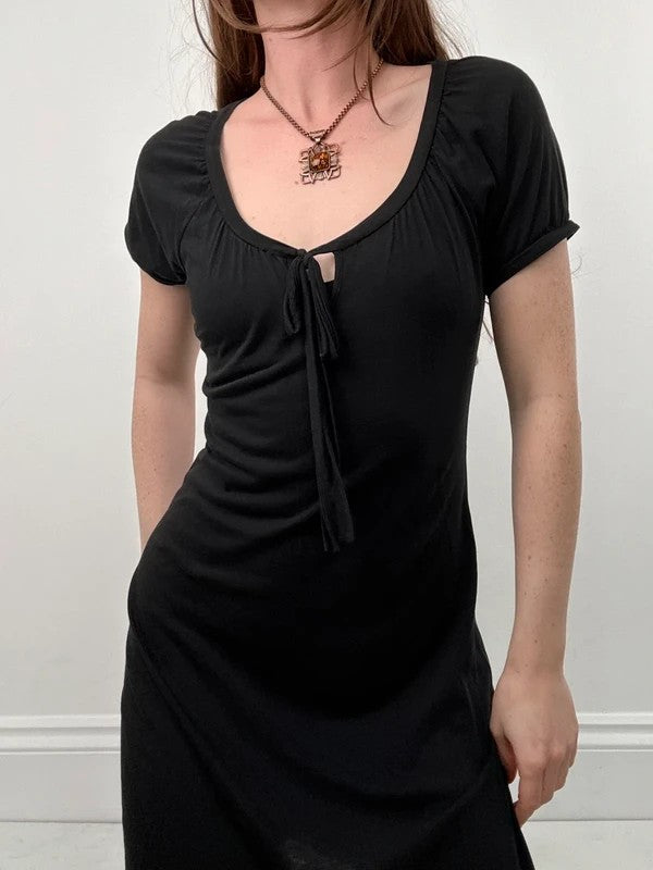 slouchy black bow neck mini dress
